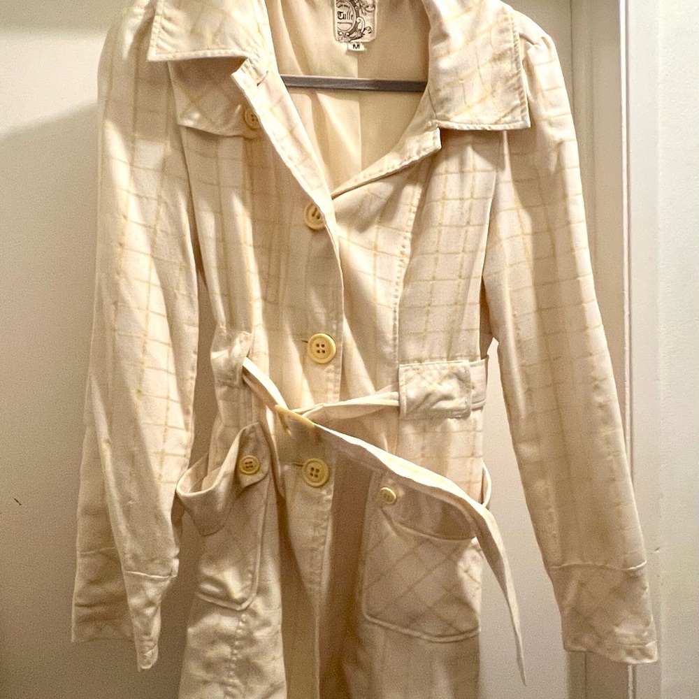 Tulle Cream & Yellow Checkered Women's Trench Coat